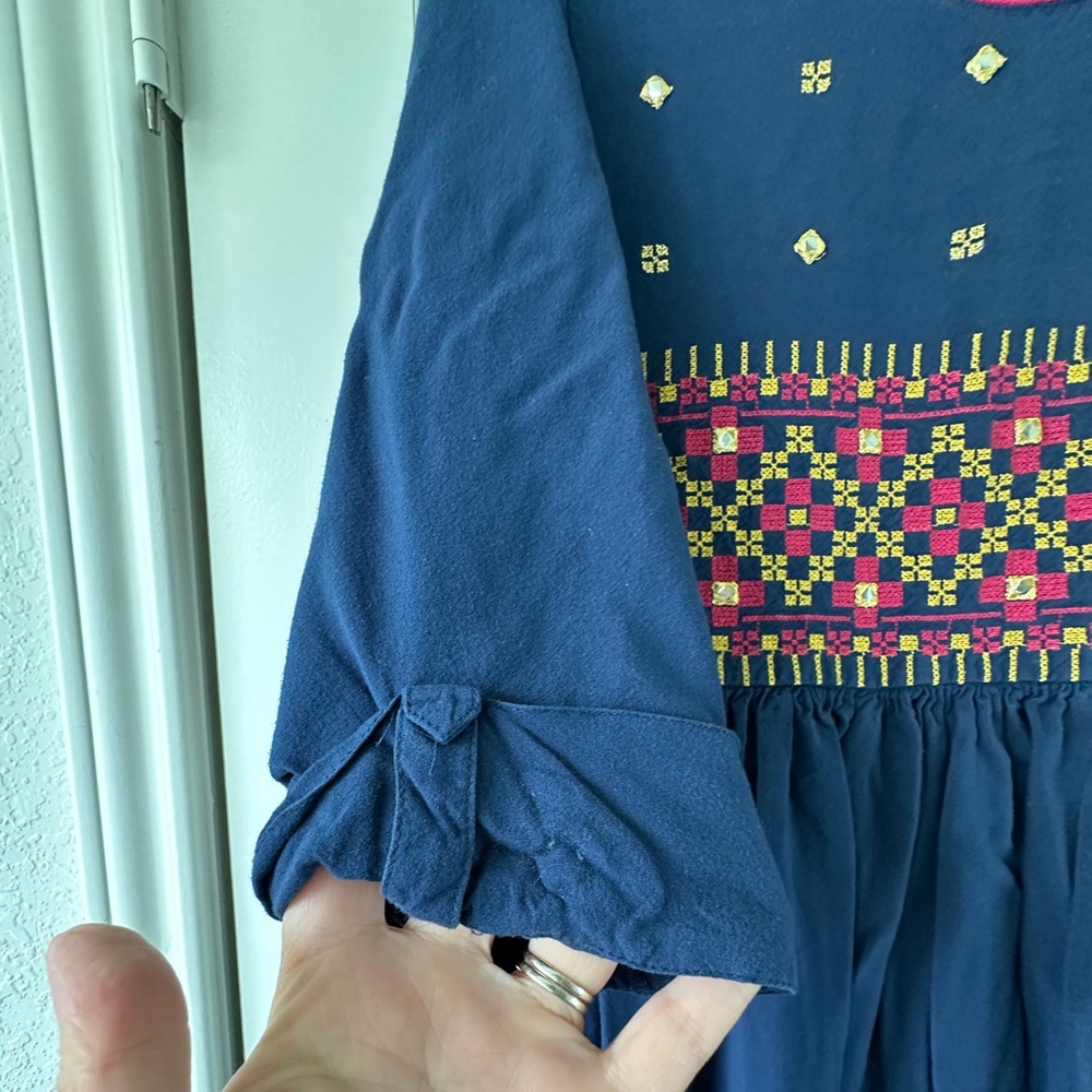 Elegant Blue Maxi Dress Pink Floral Embroidery Flowy Ankle Length Special Event - Picture 5 of 8